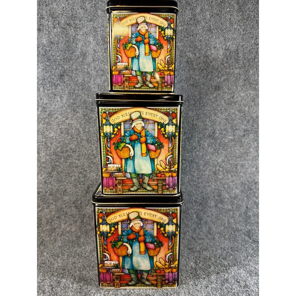 Vintage 1987 Enesco A Christmas Carol Stacking Nesting Tins Set of 3 Scrooge